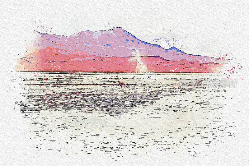 水彩画美丽的风景拉古纳科罗拉多(红泻湖)在Salar de Uyuni，玻利维亚。